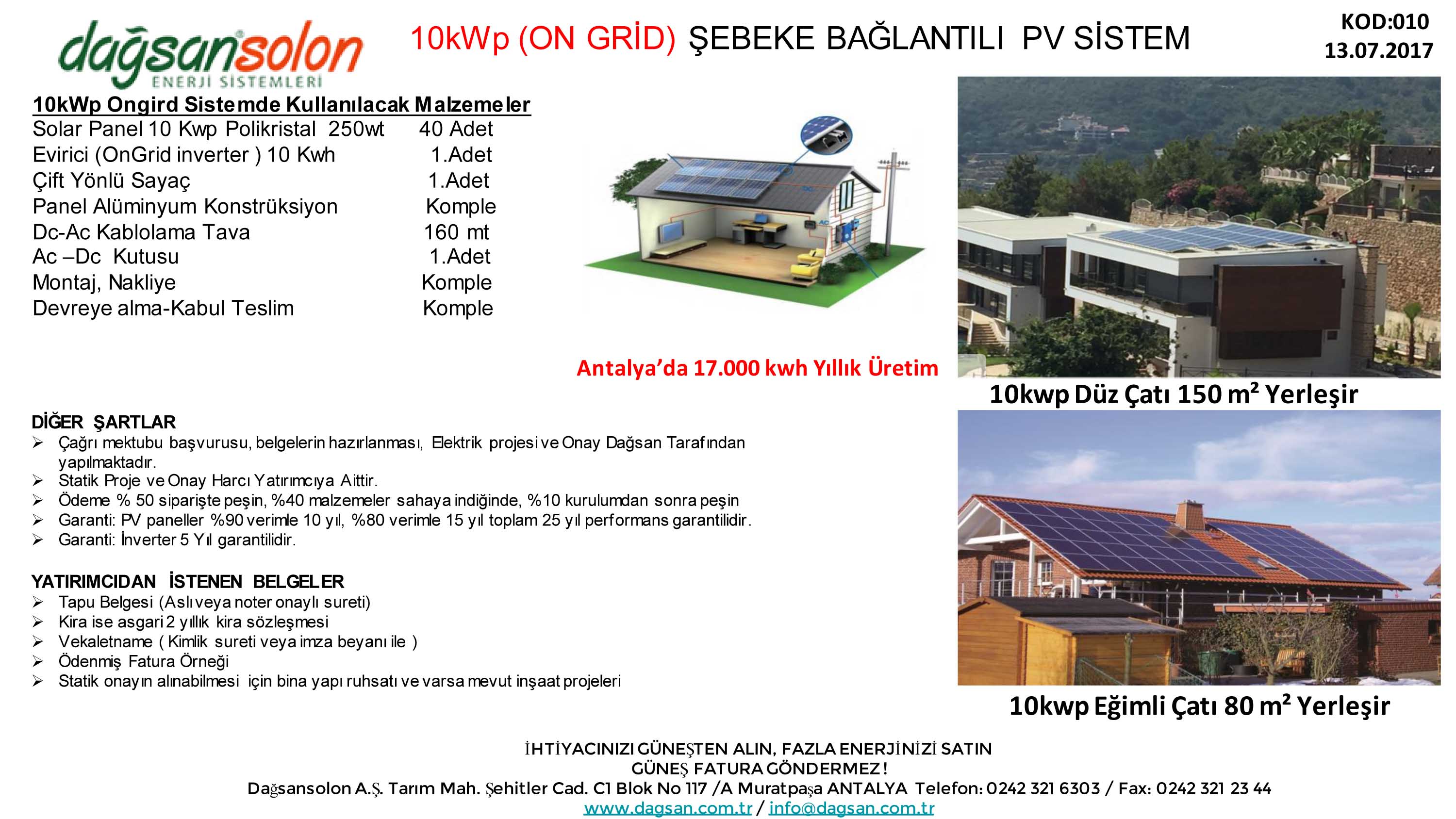 10 kWp On Grid Şebeke Bağlantılı Sistem